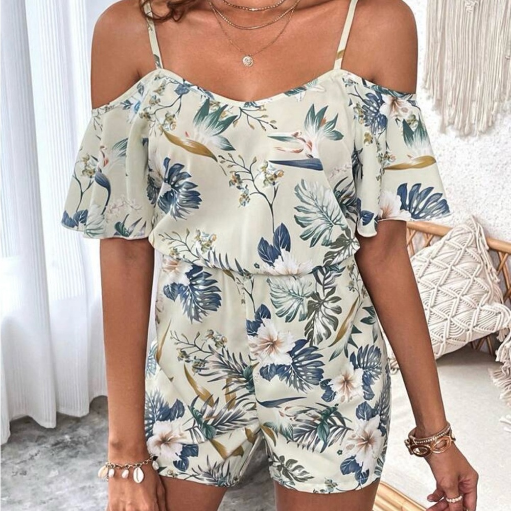 Floral Off-Shoulder Romper - Cream with floral
